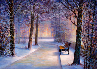Christmas park with a bench. Painting.