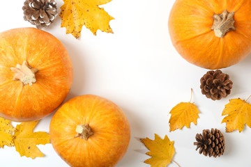 Autumn background with leaves and pumpkins on a colored background top view. Thanksgiving concept.