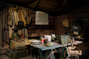 Interior of dugout Soviet soldiers during second world war, items of military life, reconstruction - obrazy, fototapety, plakaty