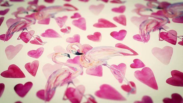 Abstract background with hand drawn watercolor flamingos and hearts. Seamless looping 4K footage. 