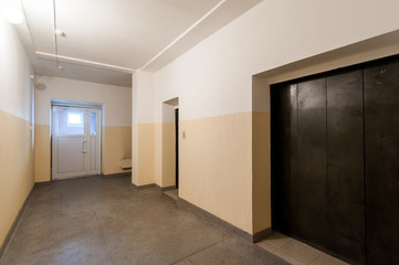 Russia, Moscow- June 05, 2019: interior room apartment. standard repair decoration in hostel. public place, staircase