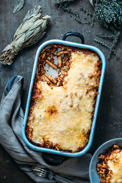 Food: Casserole with maccharoni, veggie bolognese and cheese