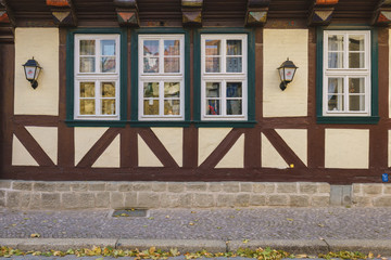 Ancient Traditional Buildings, Old Wood House and Windows in a Sunny Day, Quedlinburg, Germany