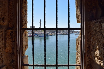 View of Saida bay through the window of the Crusader castle, Lebanon
