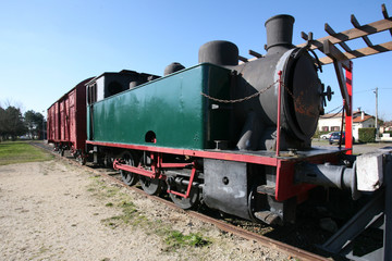 Fototapeta na wymiar Old retro locomotive train standing on the rails in Saint medard en jalles Bordeaux France