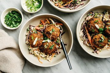 Ginger Pork Meatballs over Asian Slaw