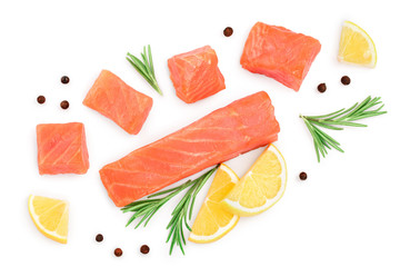 Slice of salmon with rosemary and lemon isolated on white. Top view. Flat lay ,copyspace for text