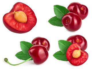 Set sweet cherry berry. one cut in half with bone, two a branch with leaf, and single isolated on white background