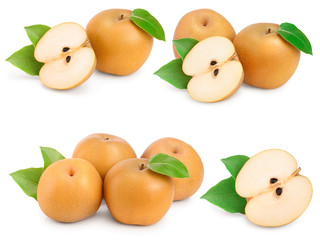 Set or collection fresh asian pear with leaf isolated on white background