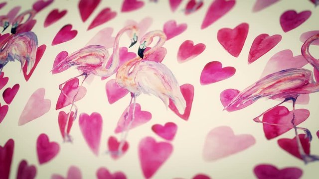 Abstract background with hand drawn watercolor flamingos and hearts. Seamless looping 4K footage. 