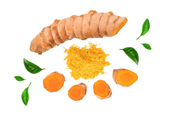 Turmeric root and slice isolated on white background. Top view. Flat lay