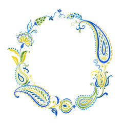Round frame from a paisley pattern, watercolor painting on a white background, design element for cards, invitations, background for different designs.