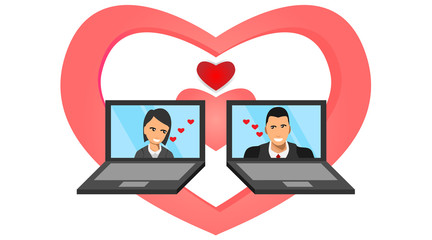 male and female appear on the laptop screen with the symbol of love. social media between laptops. a love affair through a laptop. illustration of digital social media relations. vector