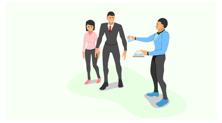 a sales marketing gives a brochure to a couple who is walking in front of him. share advertisements with brochure paper media. face to face promotion offers products. vector