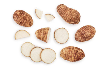 fresh taro root isolated on white background. Top view. Flat lay. Set or collection