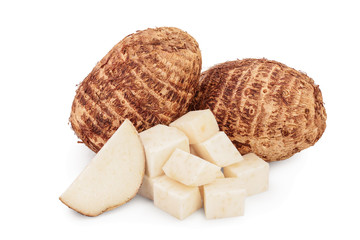 fresh taro root with slices isolated on white background