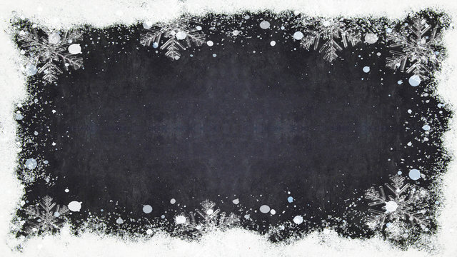 Frame With Snow, Ice Crystals, Snowflakes Isolated On Black Background With Copy Space