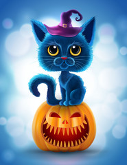 Halloween funny characters. Black cat with big eyes and glowing pumpkin. Invitation card for party and sale. Autumn holidays. Vector illustration EPS10.