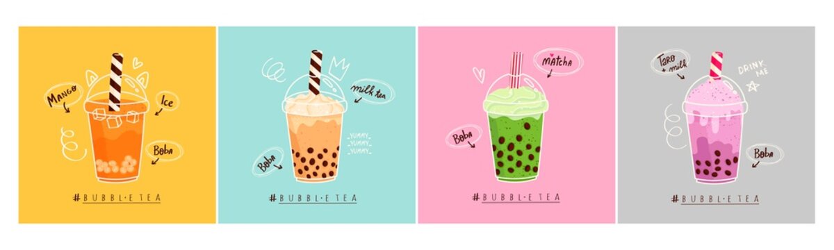 Set of four different Bubble tea. Milk tea with tapioca pearls. Boba tea. Asian Taiwanese drink. Hand drawn colored trendy vector illustration. Cartoon style. Flat design. All elements are isolated