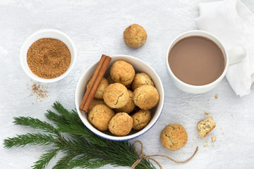 Freshly baked snickerdoodle cookies with cinnamon, hot chocolate on a gray background, top view. traditional american cookies