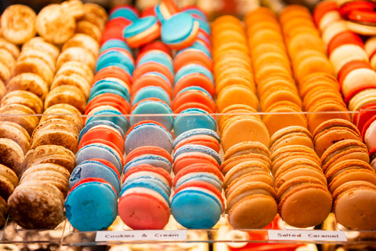 Colourful macarons for sale on the shelves