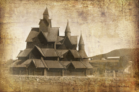 Old wooden Church in Norway. Retro stile image