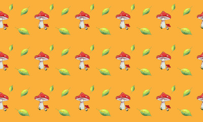 Seamless pattern watercolor Fly agaric and leaves on orange background.