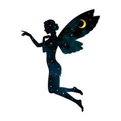 Beautiful girl fairy silhouette with crescent moon and stars in profile isolated. Boho chic tattoo, sticker or print design vector illustration.