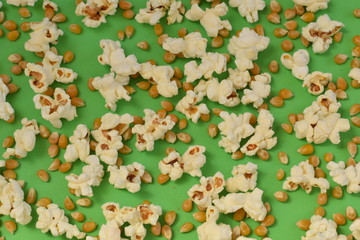 Popcorn on a green background