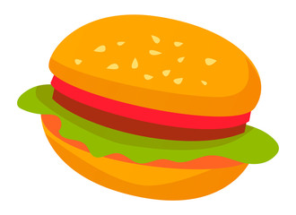 Fast food sign, isolated burger icon. Bun with sesame and lettuce salad leaves and tomato, meat and stuffing. Tasty filling meal snack. Vector illustration in flat cartoon style
