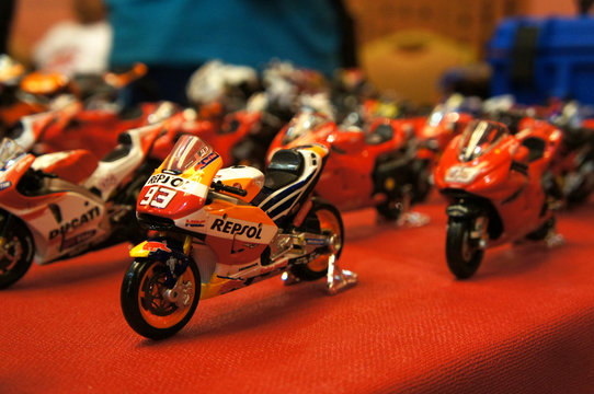 KUALA LUMPUR, MALAYSIA -MARCH 30, 2019: Selective focused on MotoGP's miniature scale motorcycle models. It is displayed on the table by the collectors.    