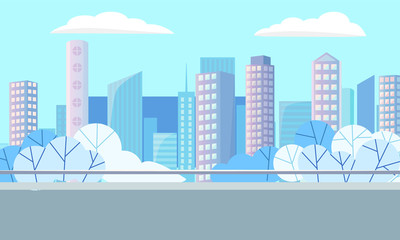 Fototapeta na wymiar Skyscraper construction, high buildings and trees in city, modern architecture. Downtown panoramic view, district with park, cityscape in blue winter color vector. Flat cartoon