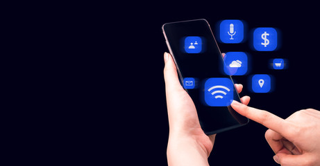 business girl hand holding the device technology smartphone for digital telecom contact to social network internet concept, buy online shopping