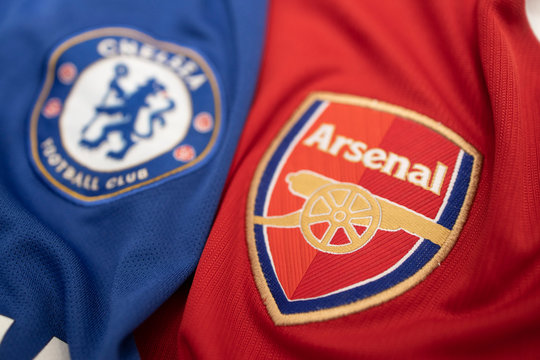 BANGKOK, THAILAND - MAY 11: The Logo Of  Chelsea And  Arsenal On Football Jerseys