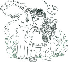  Mexican girl, line drawing, cute cartoon.