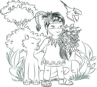  Mexican girl, line drawing, cute cartoon.