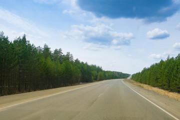 A long straight empty asphalt road through green forest on summer sunny day, perspective
