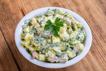 Salad of radish, boiled egg, parsley and sour cream in white bowl - healthy breakfast concept, closeup