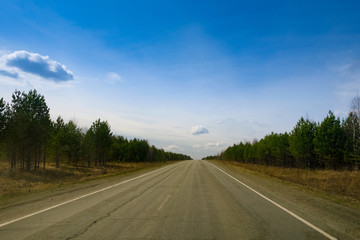 A long straight empty asphalt road through green forest on sunny day, perspective. Travel concept