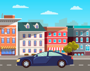 Obraz na płótnie Canvas Transportation vehicle, sports car in old town on road. Antique buildings with windows and entrances, apartments and vintage city decoration. Vector illustration in flat cartoon style