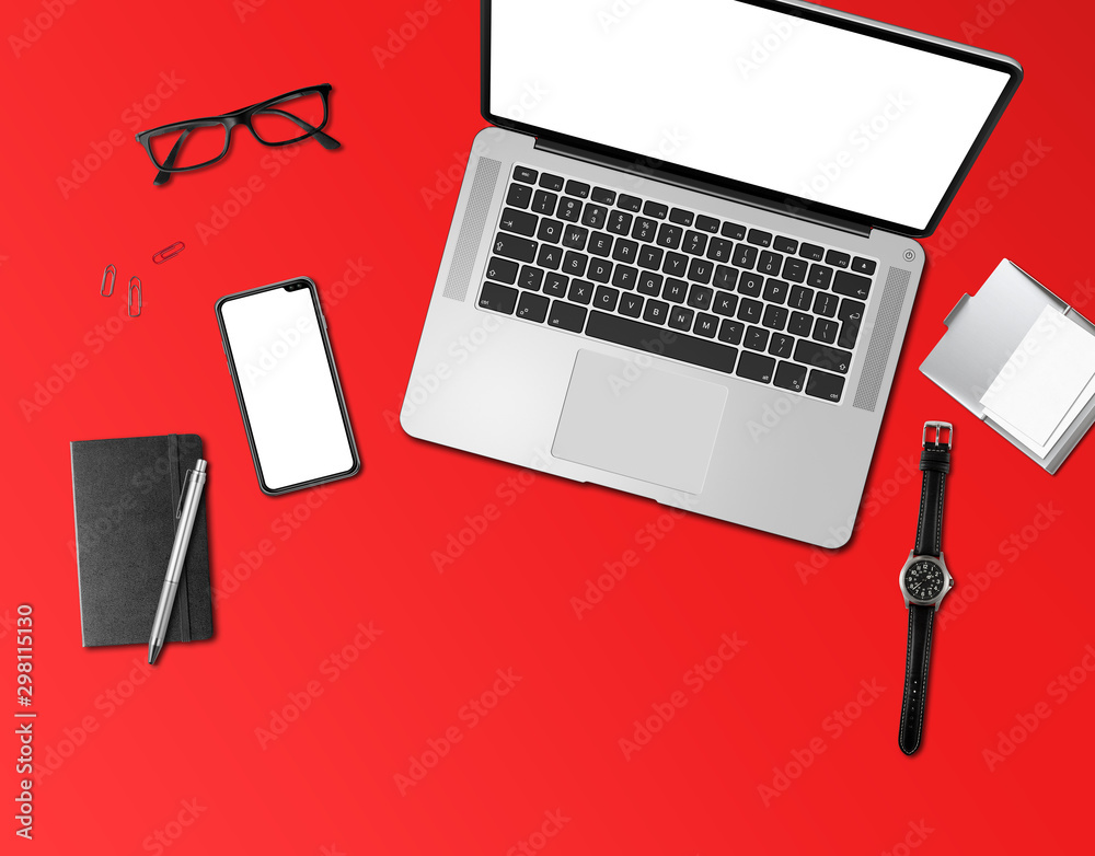 Wall mural Office desk mockup top view isolated on red