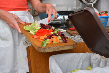 Detail of a female hand disposing of organic waste in a proper bin with kitchen in the background