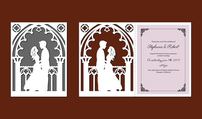 Laser cut template of wedding invitation with bride and groom. Fold card with openwork vector silhouette. Envelope for greeting postcard with lace decor arch. Panel with decorative design pattern.