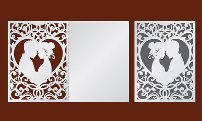 Laser cut template of wedding invitation with bride and groom in the heart frame. Fold card with openwork vector silhouette. Couple in love in lace decor panel. Faces in profile at Valentine's day.