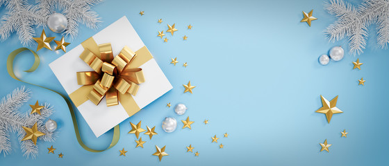 White Gift Box with golden Bow on light blue Background - 3D illustration
