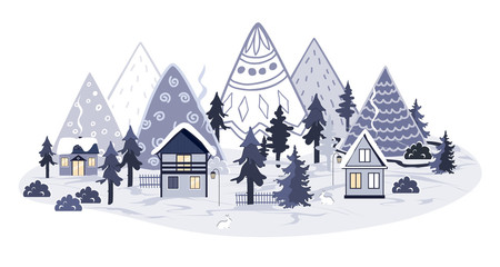 Fototapeta na wymiar Doodle cartoon mountains landscape with houses and forest. Perfect for cards, invitations, wallpaper, banners, children room decoration. Scandinavian vector background