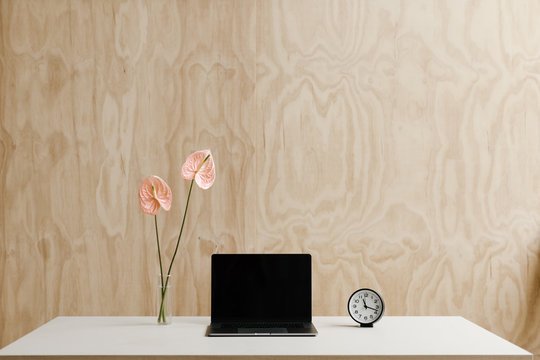 laptop on desk with analog clock and vase of modern flowers with plywood background