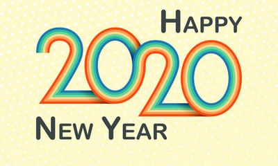 Happy new year 2020 design template. Old style design for calendar, greeting cards or print. Retro background with rounded striped design element in color and halftone dots.