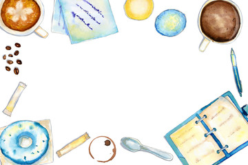 Watercolor horizontal coffee composition with place for text