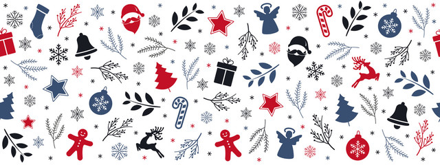 Christmas icon elements border pattern isolated white background.